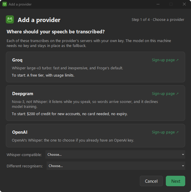 Froge's Add a provider window, step 1 of 4: Groq, Deepgram and OpenAI as cards, each with a sign-up page link and a Free to start line, and two dropdowns for the other providers.