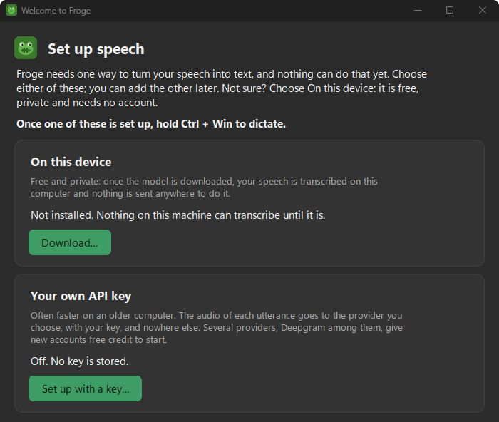Froge's Set up speech window. Two choices: On this device, free and private, with a Download button; or Your own API key, with a Set up with a key button. It says: once one of these is set up, hold Ctrl + Win to dictate.